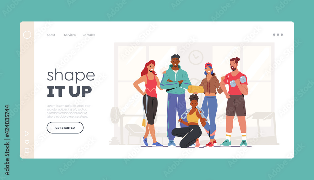 Athlete People Workout Landing Page Template. Happy Characters in Sports Clothes and Sneakers Stand Together in Gym Athlete People Workout Landing Page Template. Happy Characters in Sports Clothes and Sneakers Stand Together in Gym