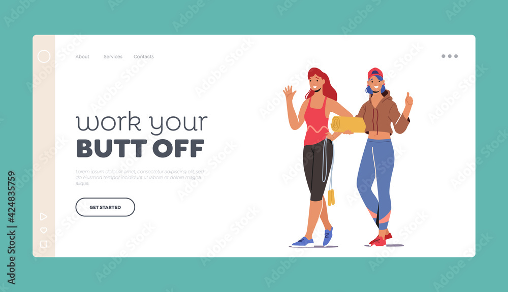 Happy Girls in Gym Landing Page Template. Female Characters Couple Wearing Sports Clothes and Sneakers Stand Together