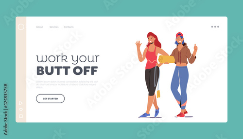 Happy Girls in Gym Landing Page Template. Female Characters Couple Wearing Sports Clothes and Sneakers Stand Together
