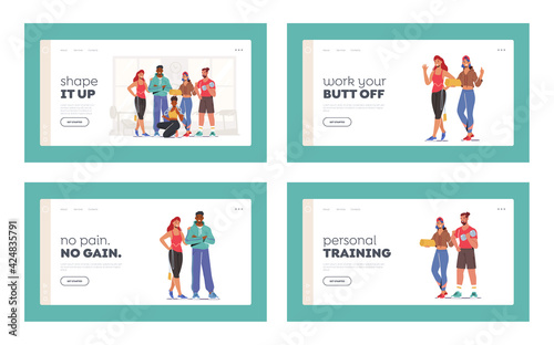 Athlete People Workout in Gym Landing Page Template Set. Happy Characters in Sports Clothes and Sneakers Stand Together © Hanna Syvak