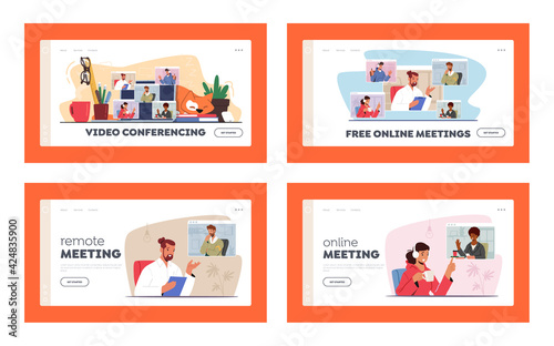 Video Conference, Webcam Group Teleconference Landing Page Template Set. Business Characters, Office Employees Speaking