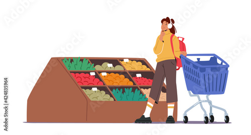 Happy Girl Customer Character Making Purchases in Store, Woman Choose Products on Shop Shelf Put in Shopping Cart