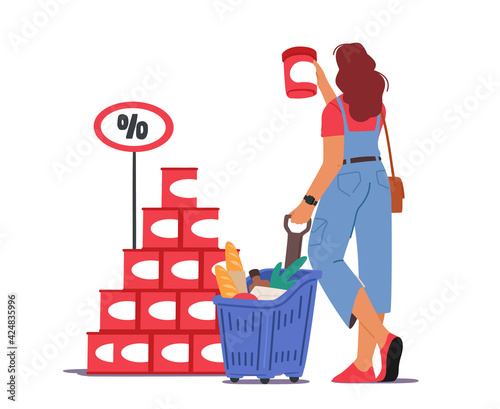 Woman Customer with Shopping Cart in Grocery or Supermarket Buying Food. Female Character Visiting Store for Products