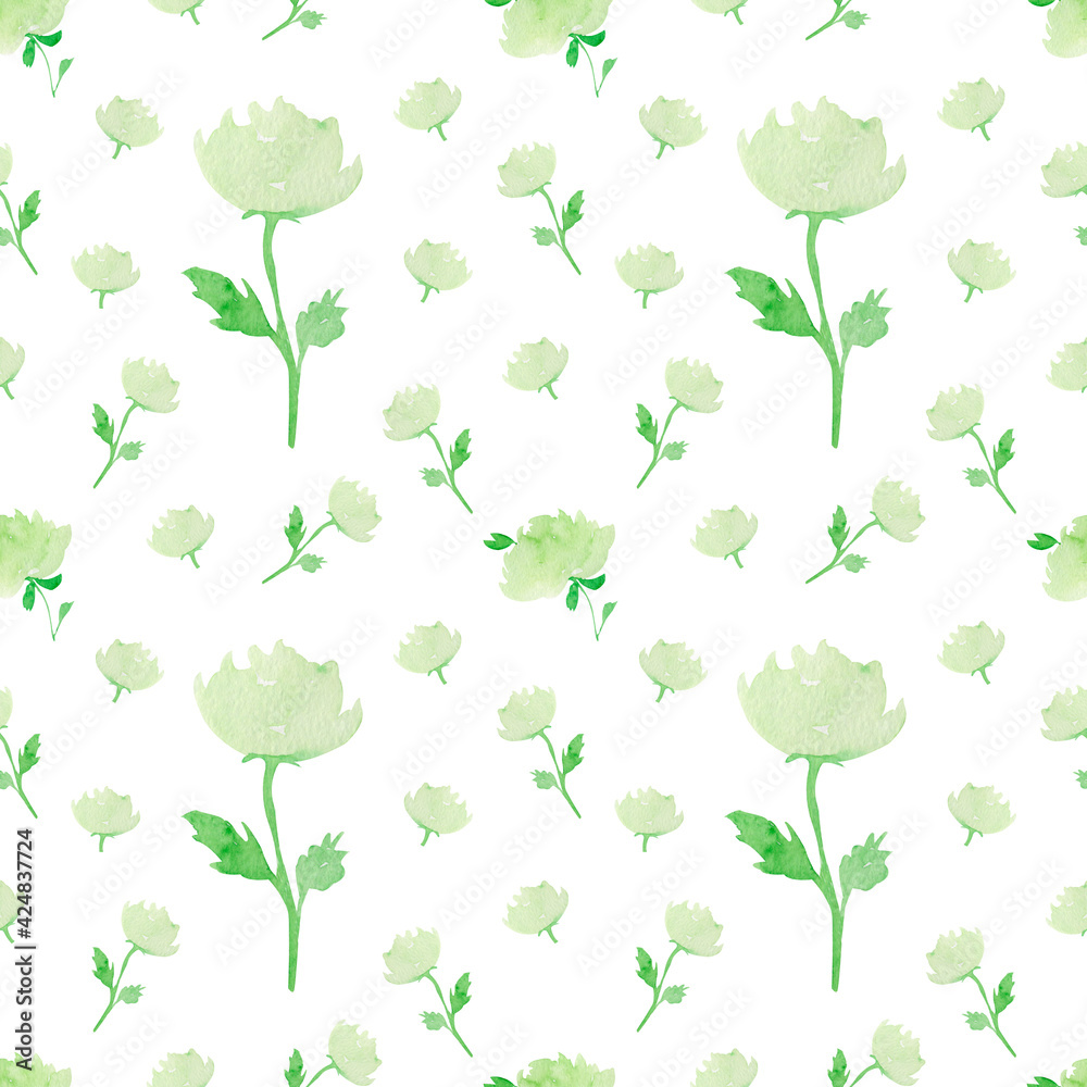 Watercolor hand-drawn floral pattern with light green roses on a white background. Perfect for textile, wrapping, wallpaper, decor. Botanical pattern. 