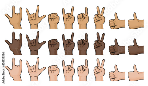 Hands isolated on a white background. Collection of different drawing hands in different skin color.