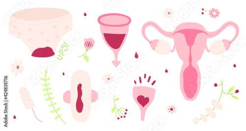 Feminine hygiene products, panties, pad, cups, tampon and uterus. Period. Menstrual protection, feminine hygiene. Isolated vector illustrations.