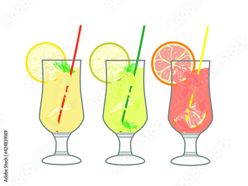 Set of cocktail glasses with pieces of berries and fruit. Refreshing cocktails orange, lime, and grapefruit with a sprig of tarragon.. Set of alcoholic cocktails in glass glasses for the party at the 