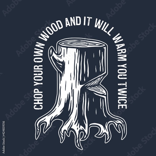 Lumberjack wood stump or timber with roots for logo and emblem of carpenter. T-shirt woodcraft design for axeman, woodcutter photo
