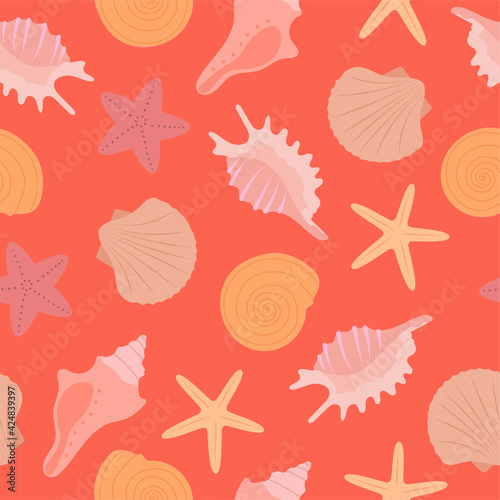 Seamless pattern with pastel seashells and starfish. Creative marine texture. Great for fabric, textile, wrapping paper