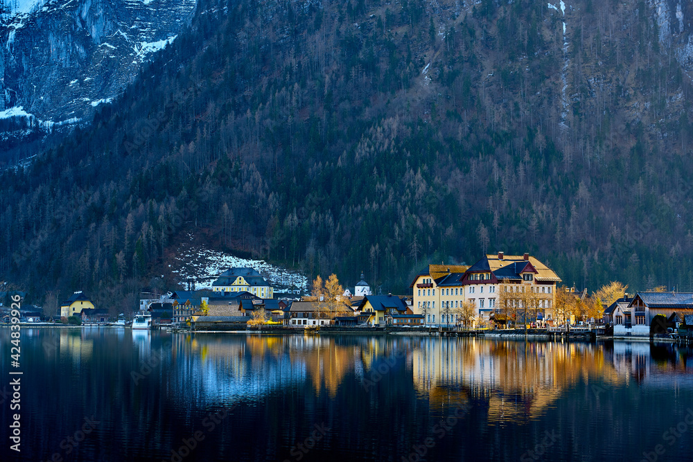 Beautiful winter landscape of Hallstatt mountain village with Hallstatter lake in Austrian Alps. Salzkammergut region, Austria