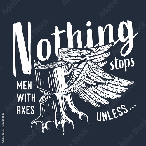 Lumberjack wood with wings. Flying stump or timber with roots for logo and emblem of carpenter. T-shirt woodcraft design for axeman, woodcutter photo