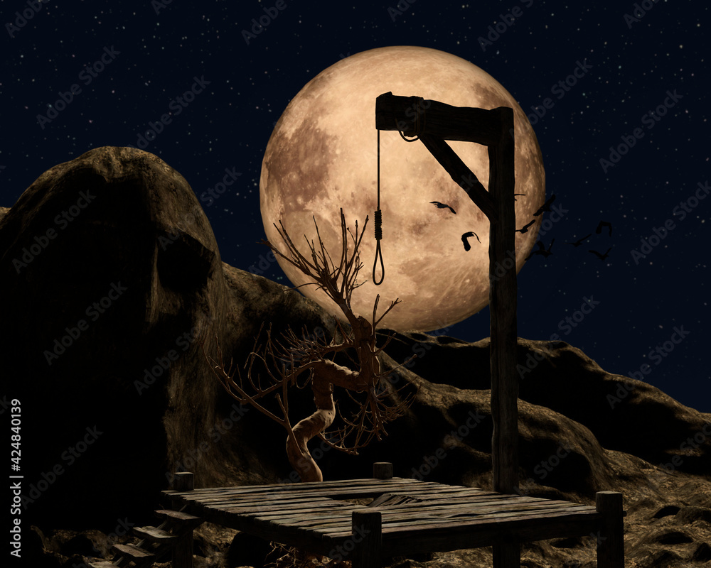 Gallow on a spooky night with a golden full moon and crows - obrazy, fototapety, plakaty 