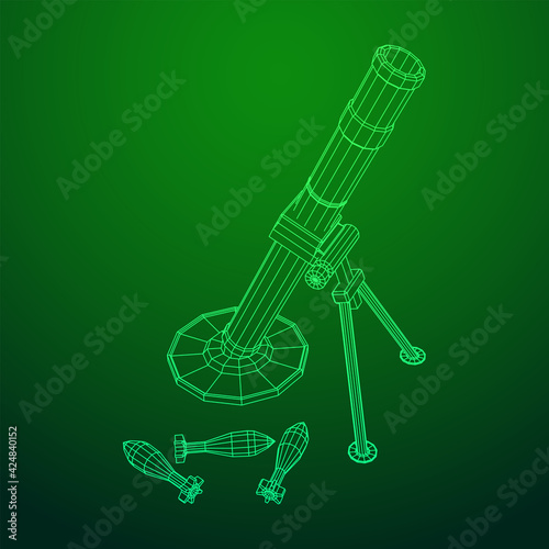 Firearm weapon army mortar and mine. Wireframe low poly mesh vector illustration