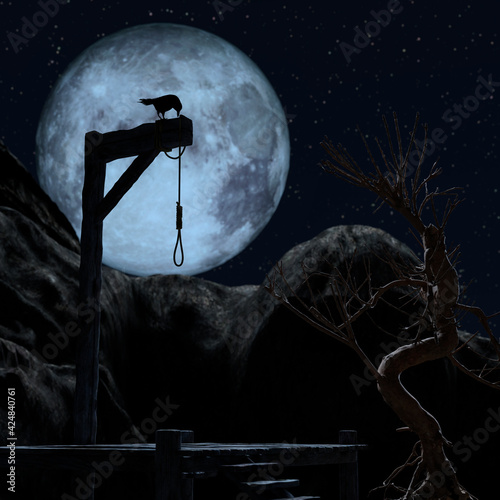 Gallow on a spooky night with a blue full moon. A crow sits on it.