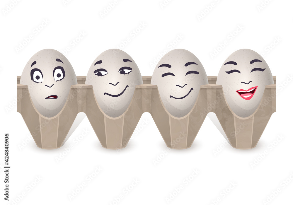 The eggs in a realistic style with different emotions, The image of funny eggs on white background The eggs in a realistic style with different emotions, The image of funny eggs on white background