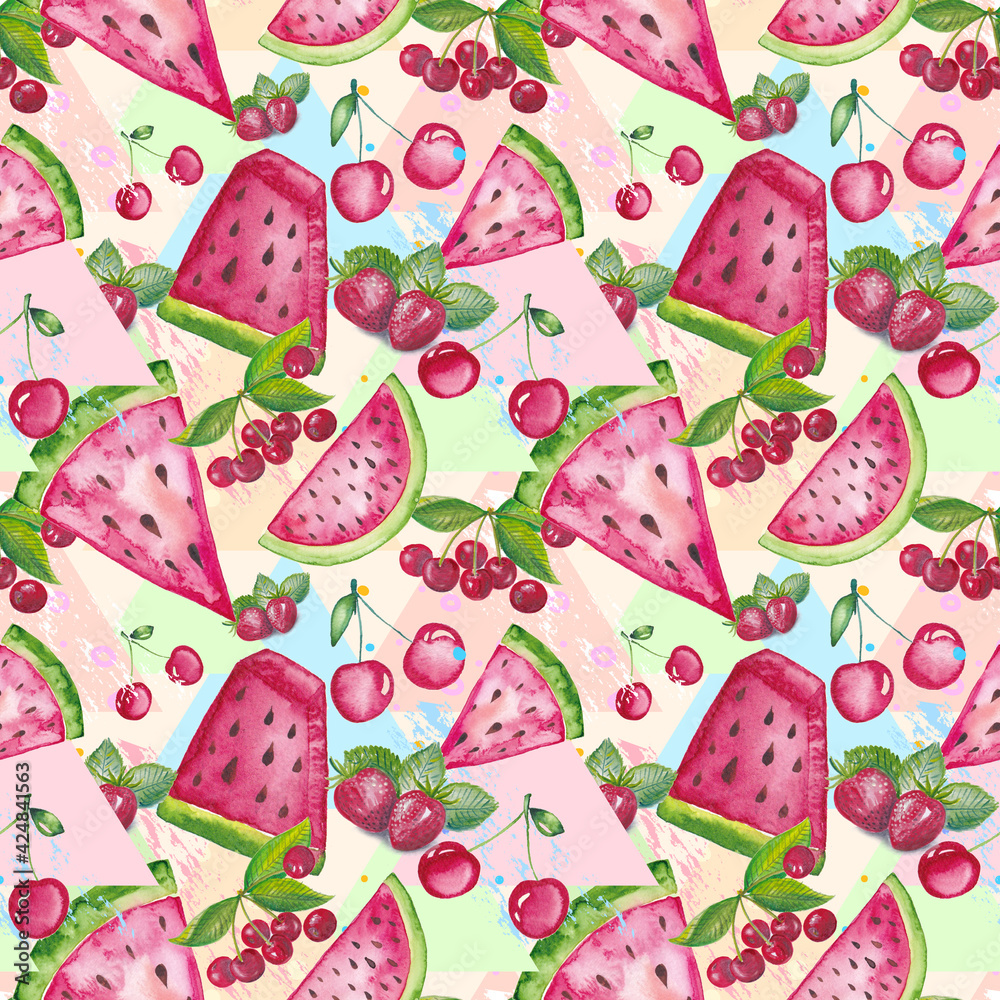 Tropical summer pattern with watercolor fruits Tropical summer pattern with watercolor fruits