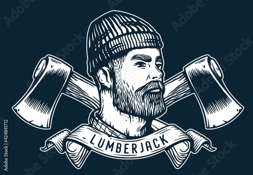 Lumberjack, woodcutter of carpenter or axeman. Woodworker and logger with axe in hand. Monochrome print