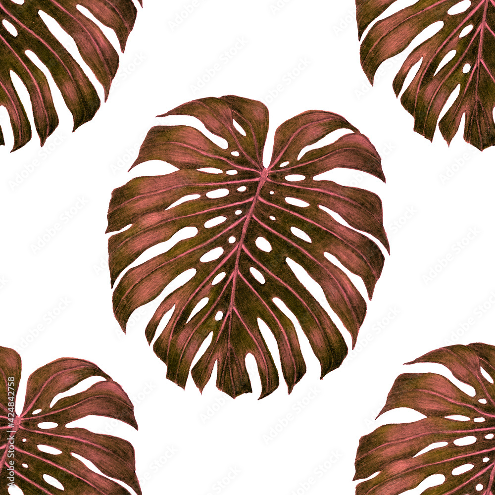 Obraz Beautiful seamless pattern with tropical leaves and flowers drawn with colored pencils. Retro bright summer background. Jungle foliage illustration. Swimwear botanical design. Vintage exotic print.