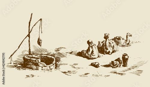 Man and camels at withered well in desert. Vector drawing