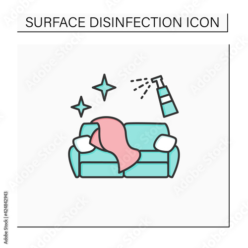 Couch disinfection color icon.Wet cleaning and sanitizing of soft home furniture.Sanitizing home items.Safety space,preventative measures. Preventing virus spread concept.Isolated vector illustration