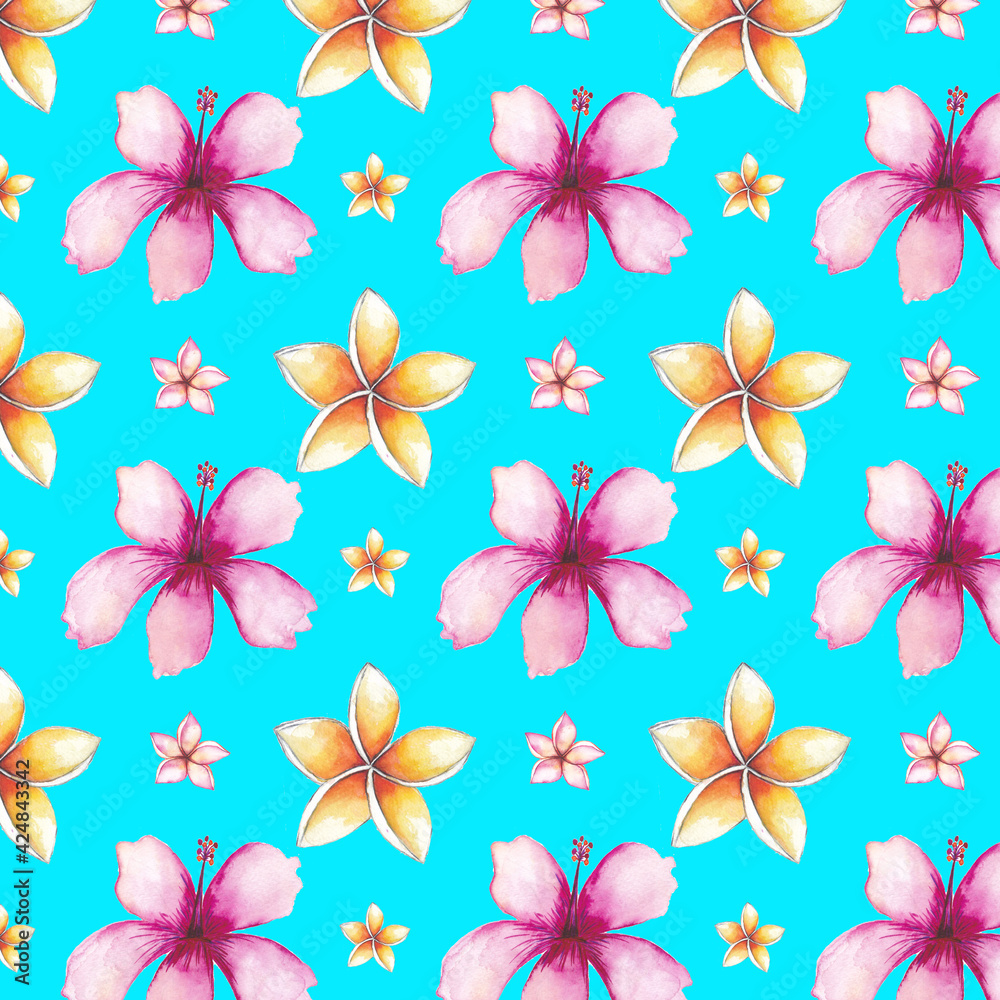 Tropical summer pattern with watercolor flowers Tropical summer pattern with watercolor flowers
