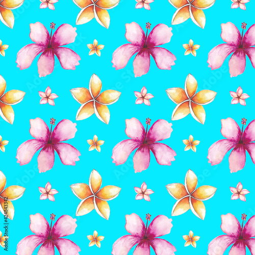 Tropical summer pattern with watercolor flowers © DesignToonsy
