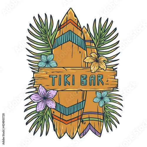 Design of trendy hawaii surf for tiki bar. Traditional ethnic surfing of hawaiian, maori or polynesian. Old tribal board