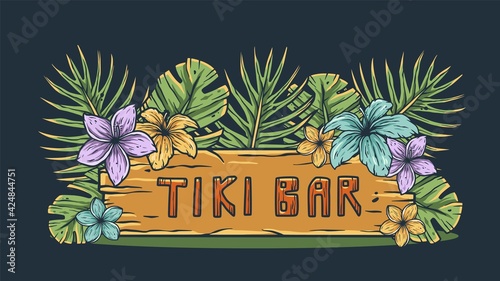 Design of trendy hawaii surf for tiki bar. Traditional ethnic surfing of hawaiian, maori or polynesian. Old tribal board