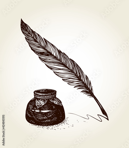 Vector freehand drawing of ancient pen and inkwell