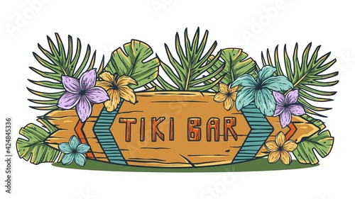 Design of trendy hawaii surf for tiki bar. Traditional ethnic surfing of hawaiian, maori or polynesian. Old tribal board