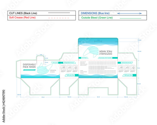 Print ready mask box, disposable face mask, mask box packaging design, dieline template