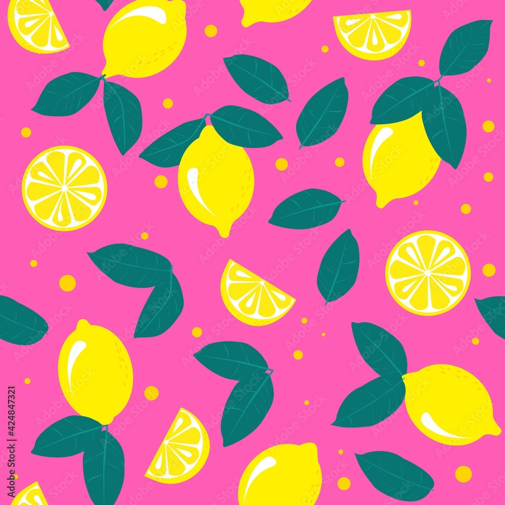 Trendy summer seamless pattern with lemons and pink background. Trendy summer seamless pattern with lemons and pink background.