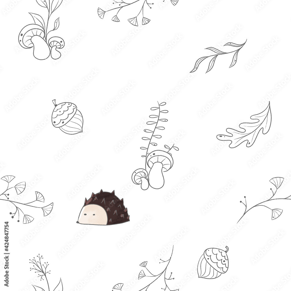 Cute animals in the forest. Minimalistic leaves. Pattern with hedgehog 