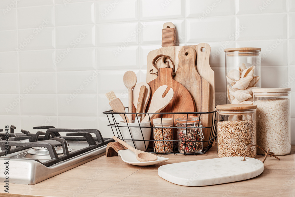 Eco friendly kitchen utensils and decoration, sustainable ethical  lifestyle, zero waste storage, minimal modern kitchen interior details  Stock Photo | Adobe Stock