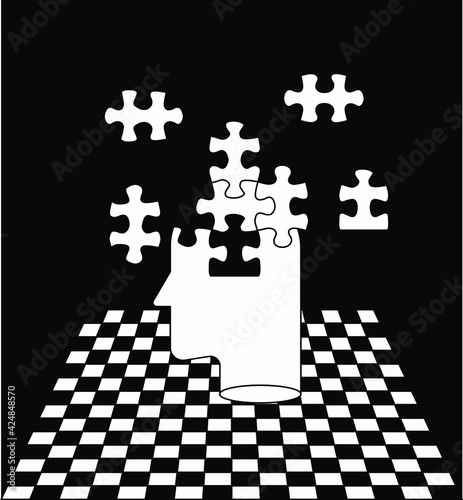 Head in profile made of puzzle pieces. A conceptual illustration of brain damage, psychological problems and stress.