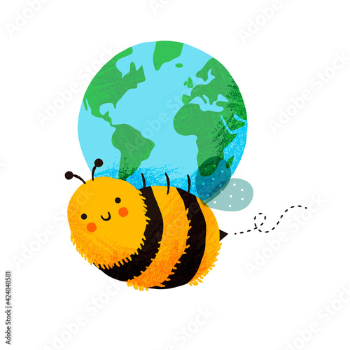 Happy bee cartoon holding planet earth isolated