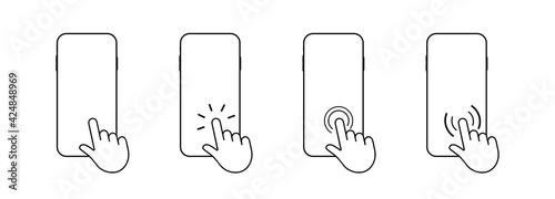 Hand touch screen smartphone icon. Click on the smartphone. Vector on white background.