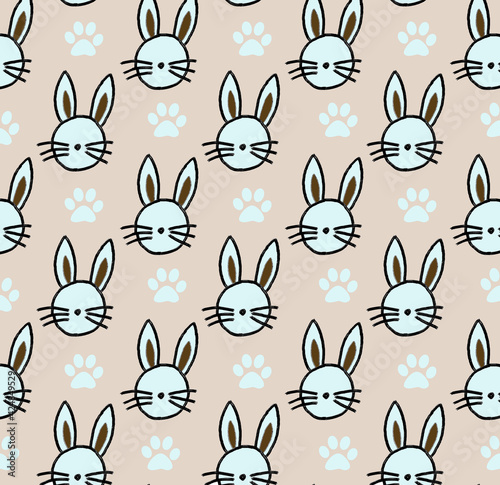 Trendy pattern with hand drawn rabbit head and traces. Applicable for textile design, cover fabric, packaging and other users. 