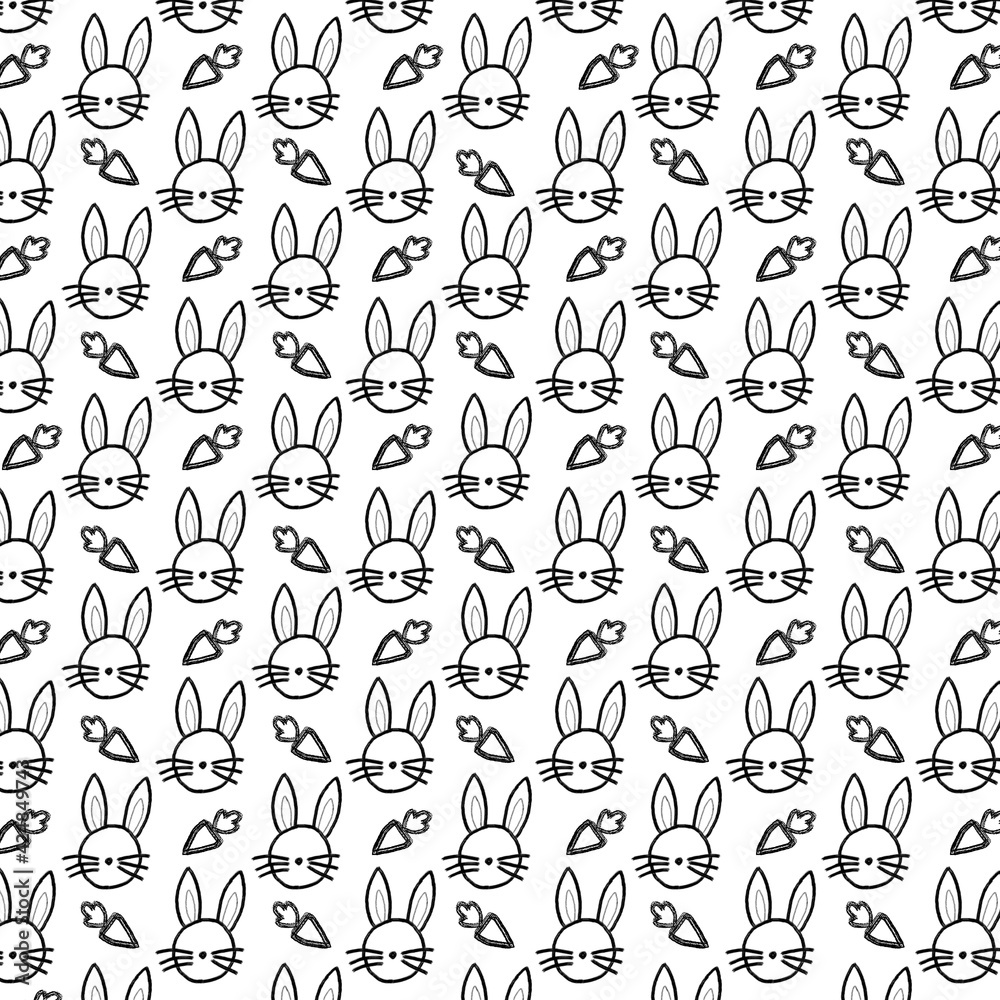 Trendy pattern with hand drawn rabbit head and carrot. Applicable for textile design, cover fabric, packaging and other users. 