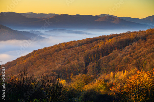 Autumn scenery, fog in the valley, orange sun over the mountains