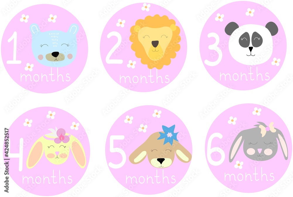 Stickers for monthly baby photos. Cute animals