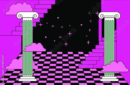 Surrealistic landscape with Roman columns and checkered floor