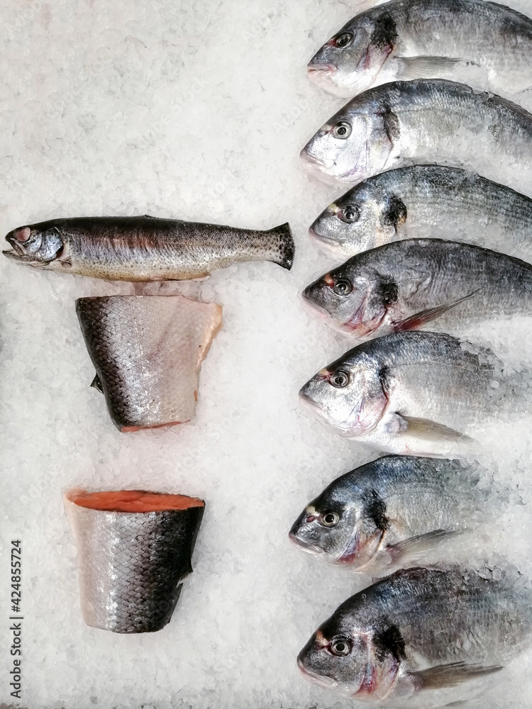 Fish market. Raw fresh fish, top view. Sea bream, salmon streak, trout on white ice