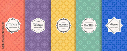 Vector geometric seamless patterns collection. Set of bright colorful background swatches with modern minimal labels. Cute abstract floral ornament textures. Orange, purple, yellow, green, blue color