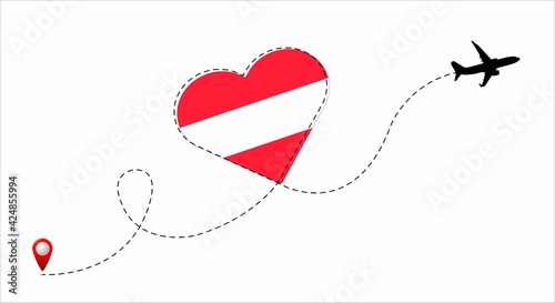 Airplane flight route with the Austria flag inside the heart. Travel to your beloved country. Vector illustration.