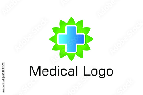 Healthcare Medical Logo. Cross and leaf icon combination. Vector Logo Design Template Element
