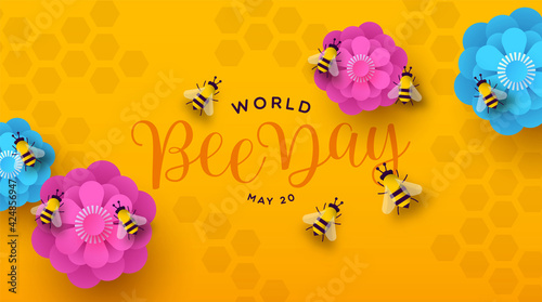 World Bee Day paper cut flower spring banner