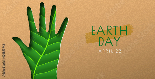 Earth day paper cut green hand leaf banner