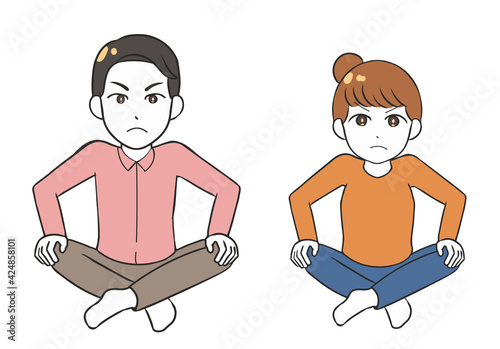 あぐらをかく　不機嫌　男女