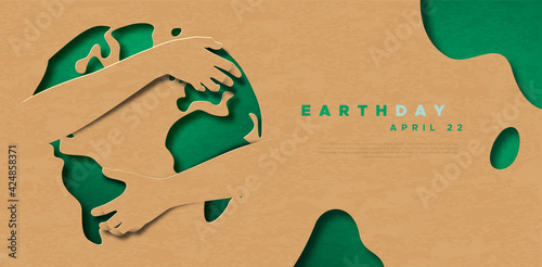 Earth Day green world map hug paper cut template